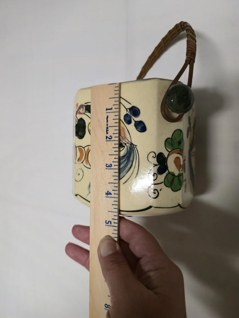 Vintage Japanese Ceramic Hexagonal Tea/Biscuit Canister with Woven Handle